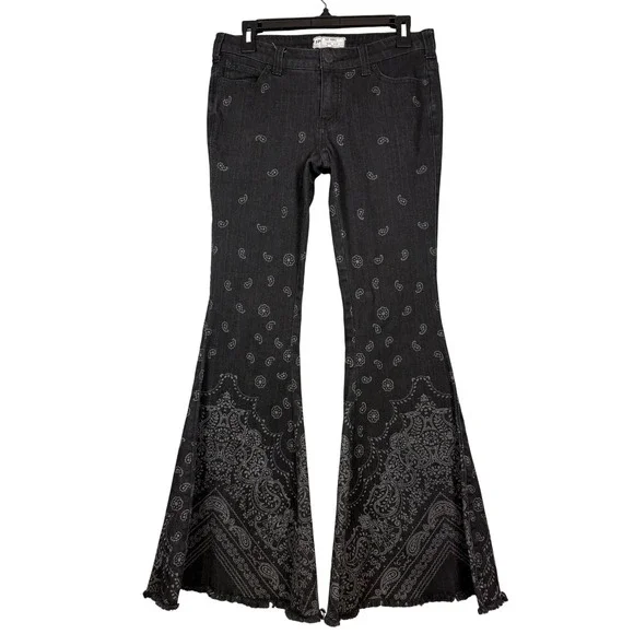 FREE PEOPLE Denim Super Flare Bandana Jeans, Black, Distressed Hem, Size 27 - Picture 3 of 10